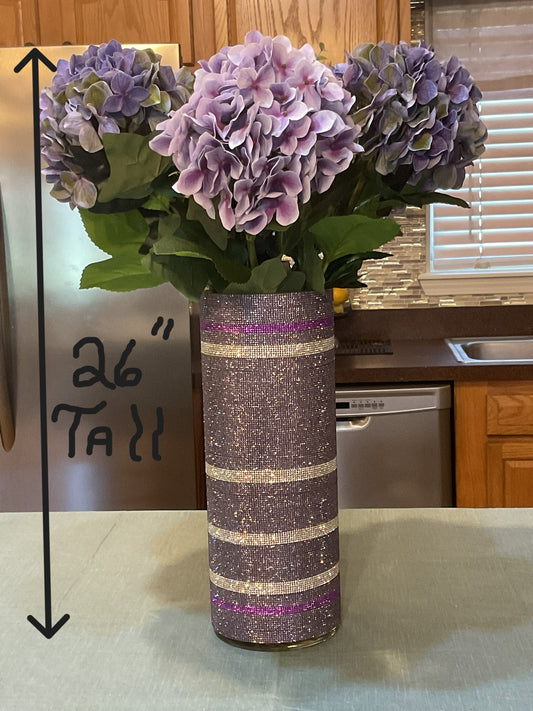 Artificial Hydrangea in Crystal Rhinestone "Bling" Vase Silk Floral Arrangement. 26" Tall.