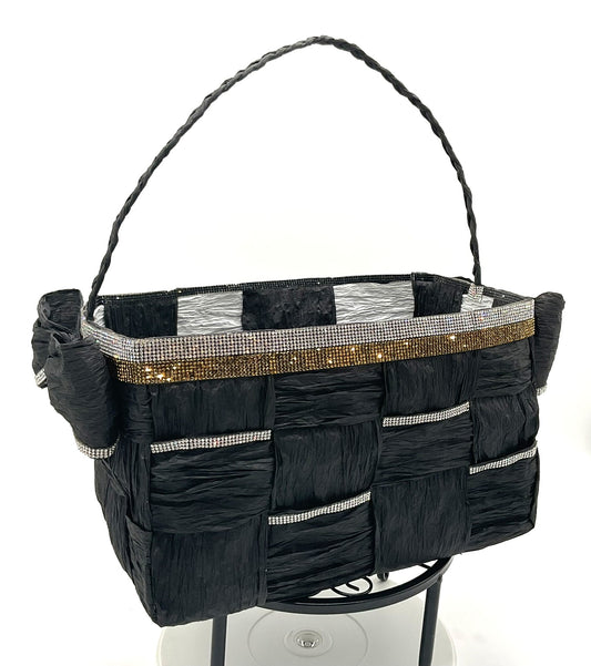 Black Hand-Woven Storage Basket Crystal Rhinestone Trim - Eco-friendly (made with twisted raffia paper).