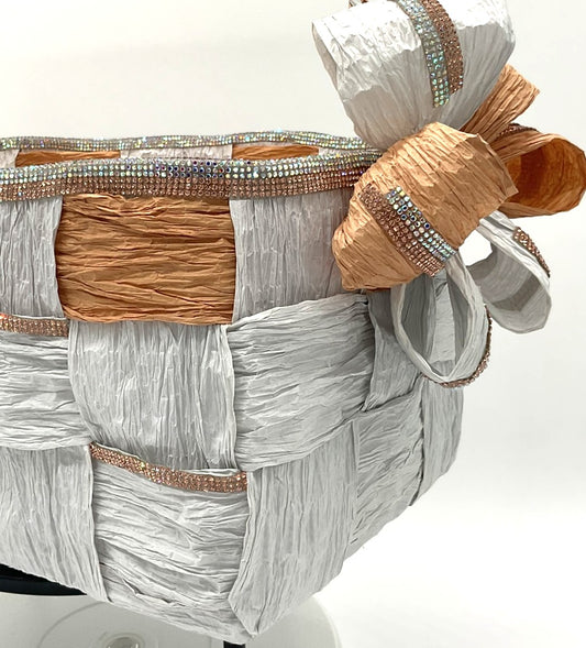 Princess Hand Woven Storage Basket Light Gray with Tan crystal rhinestone bling trim. Add a name to personalize.