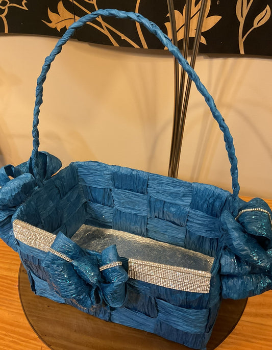 Blue Hand Woven Storage Basket with crystal rhinestone trim and bows with bling. Eco-friendly, natural element for your home.