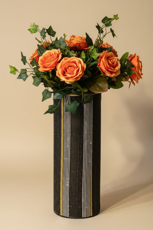 Decorative crystal rhinestone vase with black and gold pattern designed home decor by bling-it-werks.com