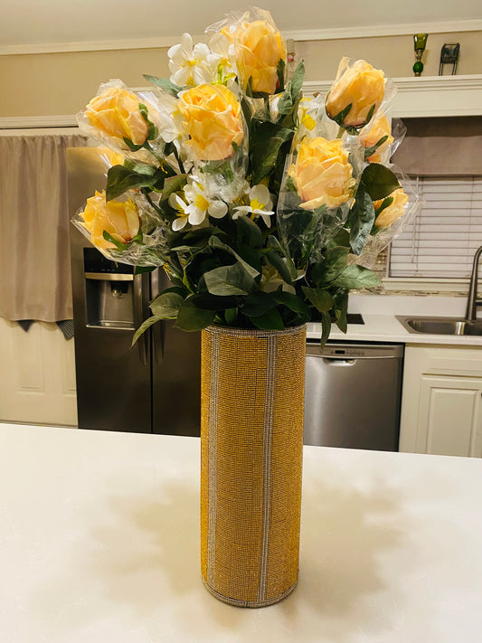 Crystal Rhinestone Vase, Vibrant Gold, V-Style, Cylinder, glass is 15" tall. Long-stem silk floral arrangement sold separately.