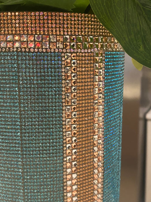 Crystal Rhinestone Vase Lake Blue V-Style (heavy, cylinder, glass) is 15" tall. Long-stem silk floral arrangements sold separately.