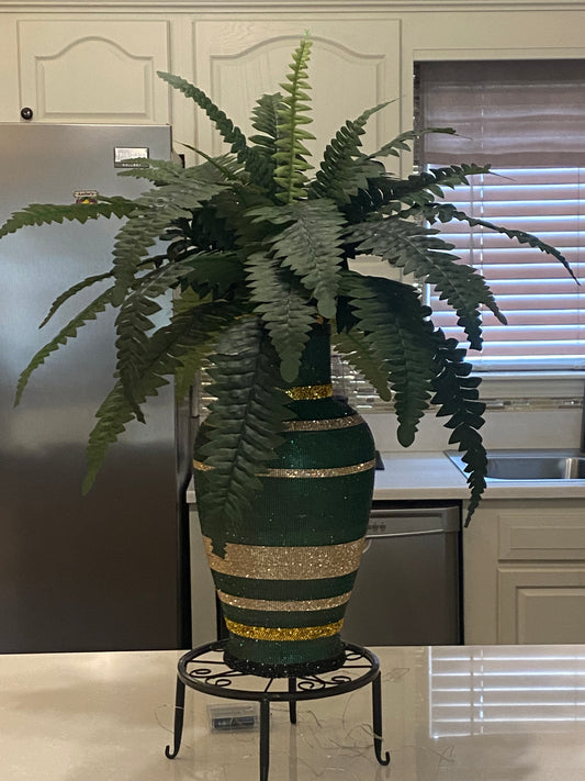 Artificial Hydrangea, Crystal Rhinestone Vase, Royalty Green silk floral arrangement. Real look, long-stem large 26" tall.