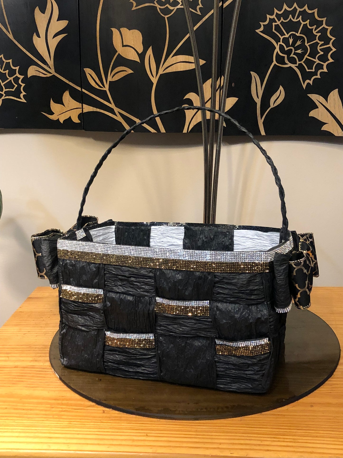 Black Hand-Woven Storage Basket Crystal Rhinestone Trim - Eco-friendly (made with twisted raffia paper).