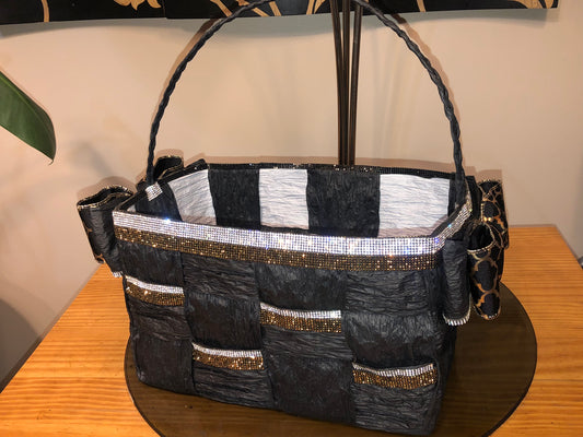 Black Hand-Woven Storage Basket Crystal Rhinestone Trim - Eco-friendly (made with twisted raffia paper).