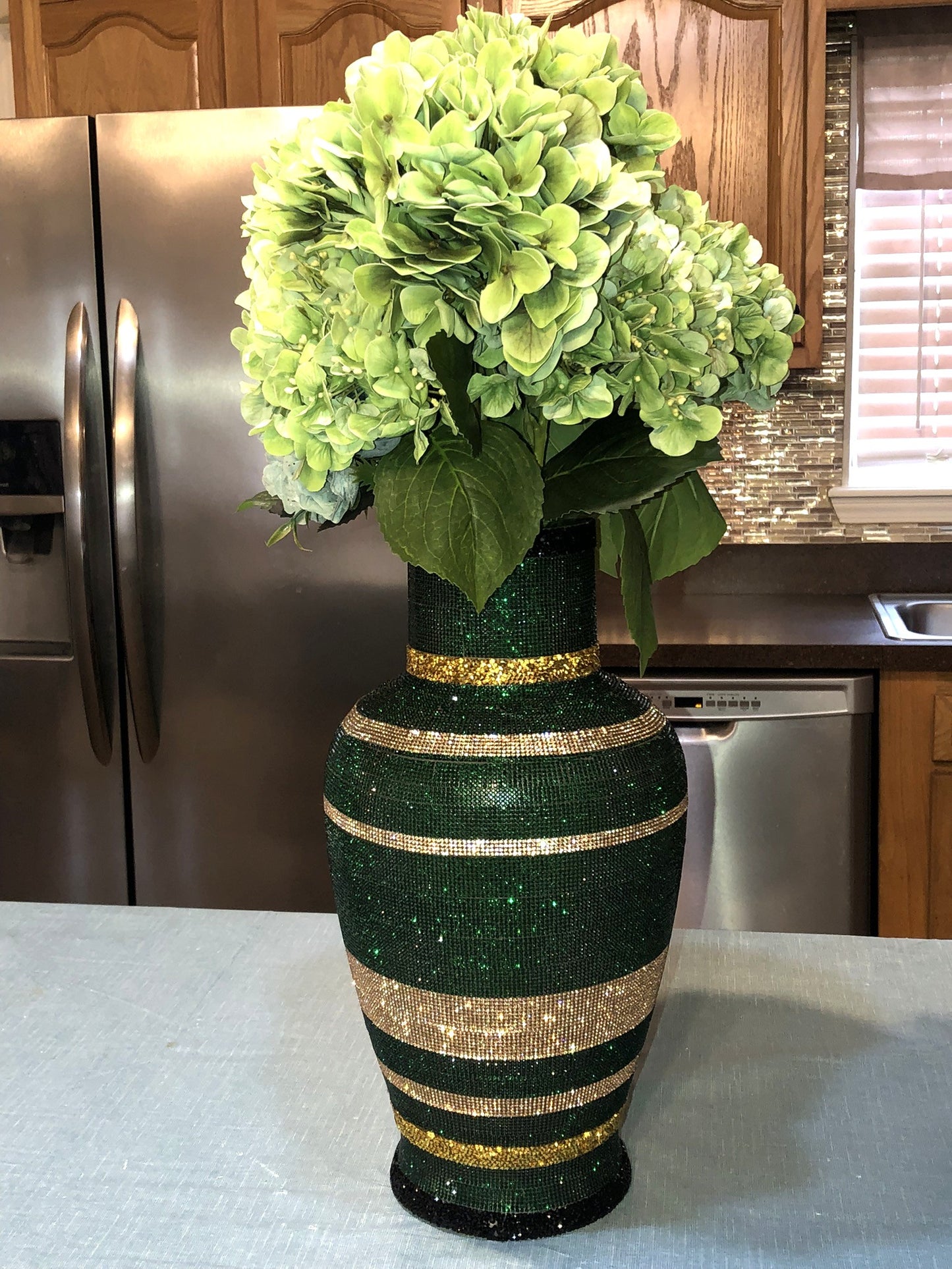 Artificial Hydrangea in Crystal Rhinestone Vase, Royalty Green silk floral arrangement. Real look, long-stem large 26" tall.