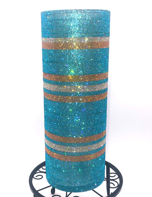 Artificial Hydrangea in Crystal Rhinestone Vase, Lake Blue. Long-stem, 26" Tall. Silk Floral Centerpiece.