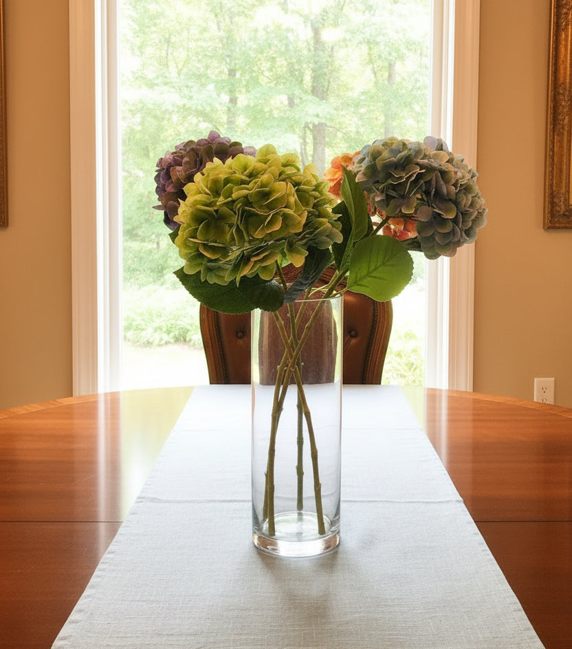 24" Artificial Hydrangea Long-stem bouquet with silk flowers and green leaves. Create your own silk floral design with tall beautiful flowers.