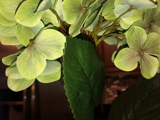 24" Artificial Hydrangea Long-stem bouquet with silk flowers and green leaves. Create your own silk floral design with tall beautiful flowers.