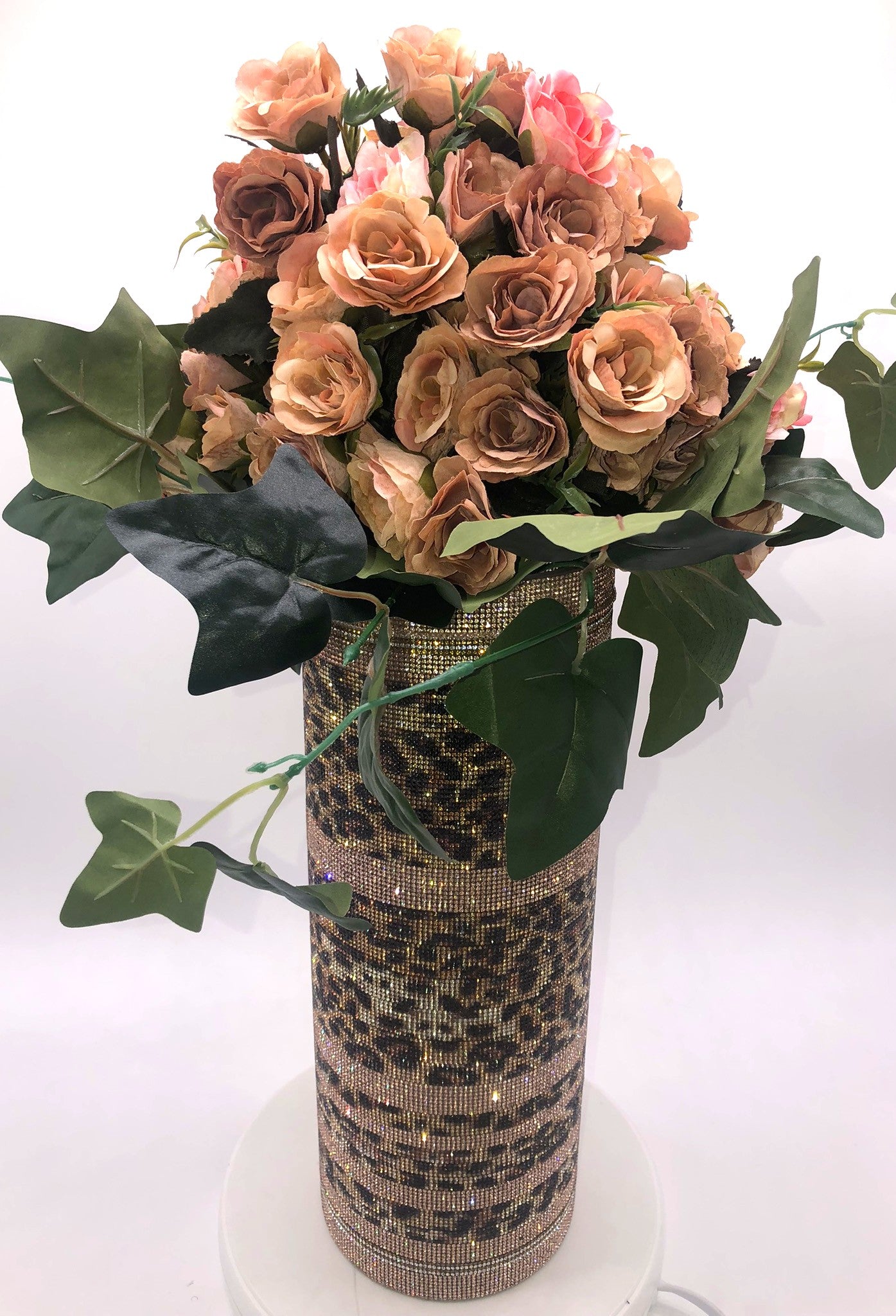 Sexy Leopard-Print Crystal Rhinestone Cylinder Vase. 15" tall. Long-stem silk floral arrangement sold separately.