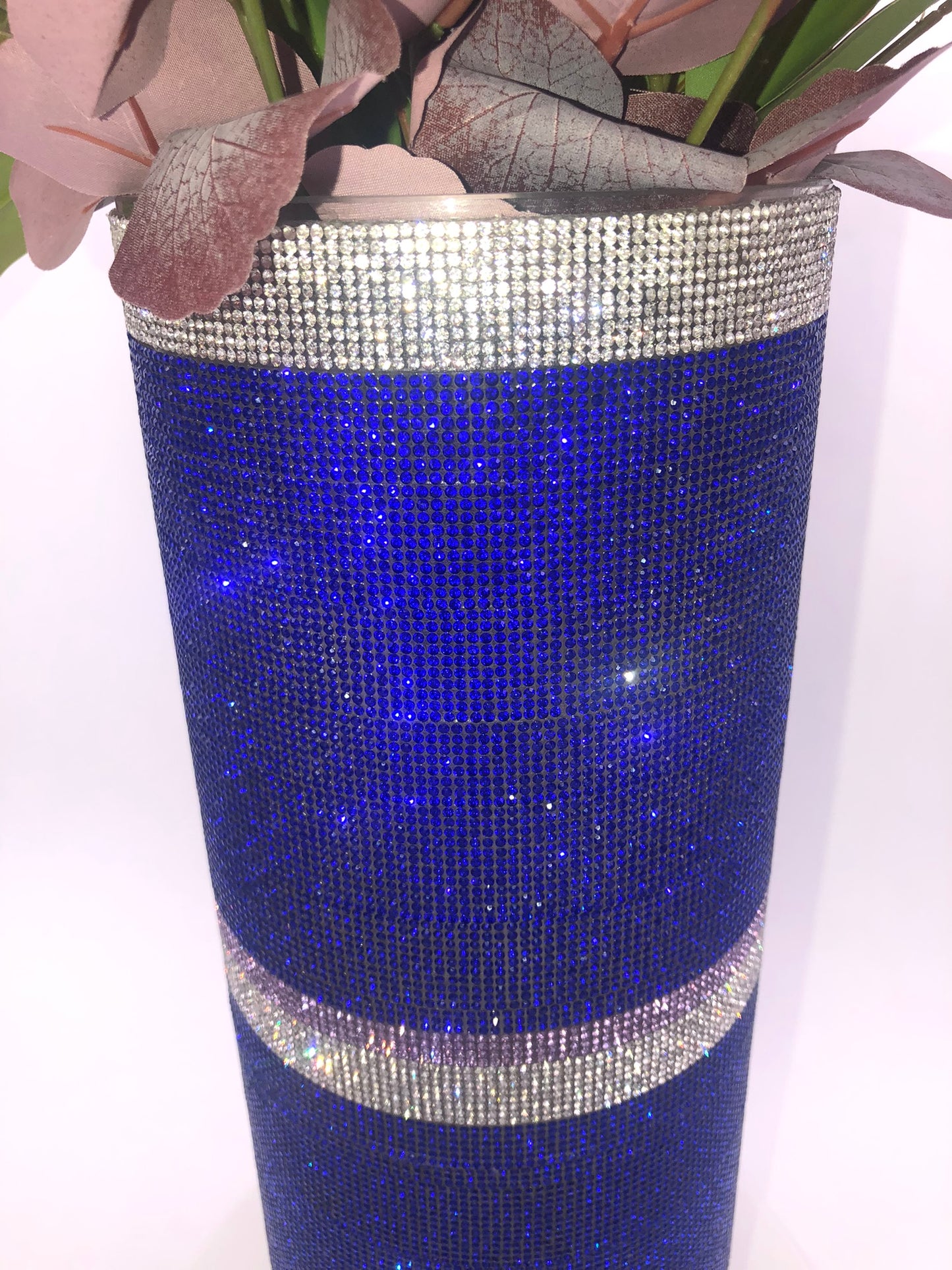 Luxury Crystal Rhinestone Cylinder Vase in navy-blue and silver. Glass, 15" tall. Create your own silk flora arrangement with our long stem flowers.