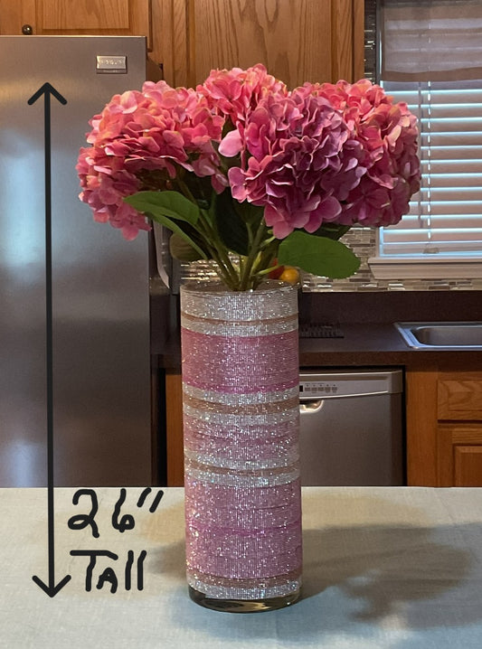 Artificial Hydrangea in Crystal Rhinestone Vase, Pink Silk Floral Arrangement. 26" tall.