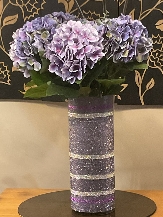 Artificial Hydrangea in Crystal Rhinestone "Bling" Vase Silk Floral Arrangement. 26" Tall.