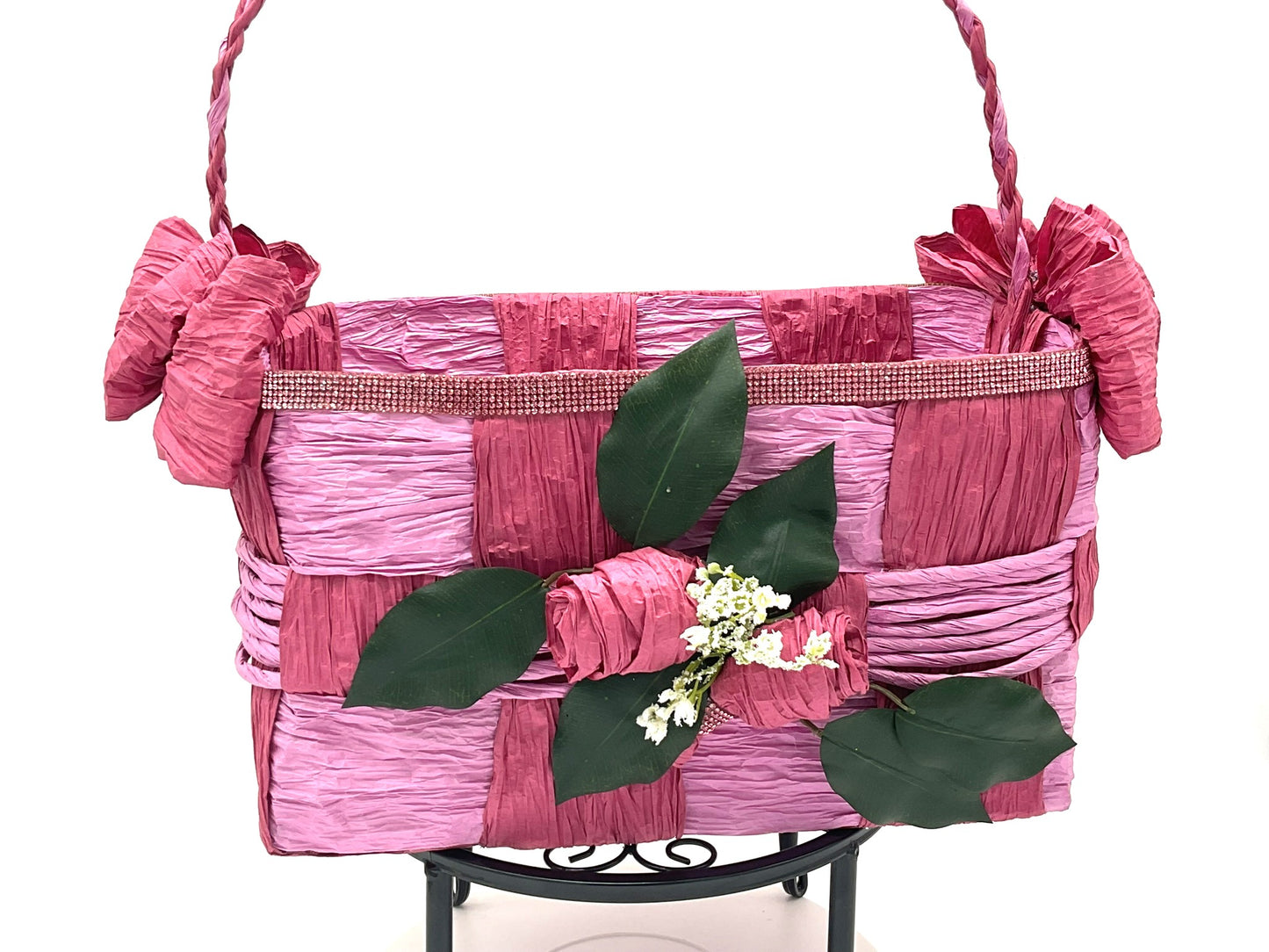 Pink Hand Woven Storage Basket - Eco-friendly (made with twisted raffia paper).