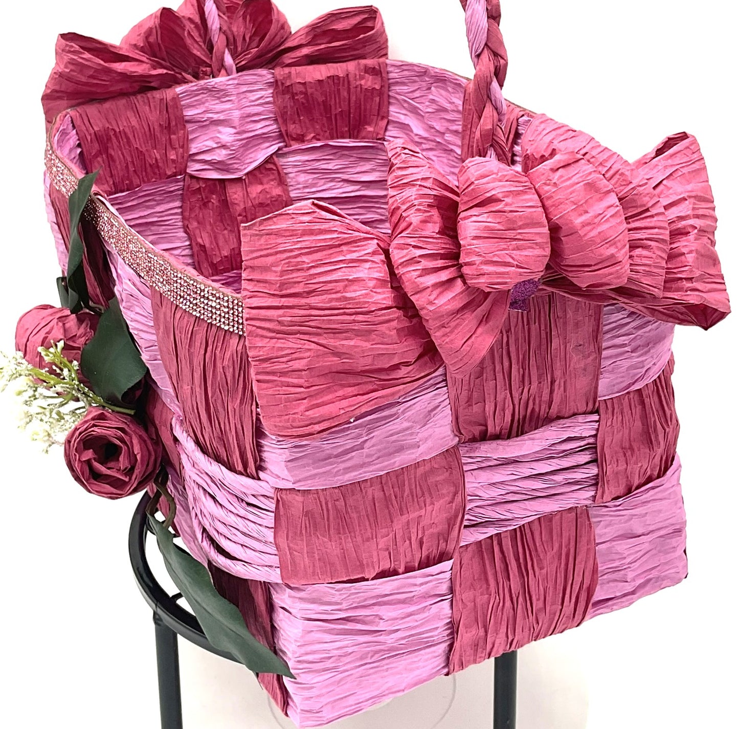 Pink Hand Woven Storage Basket - Eco-friendly (made with twisted raffia paper).