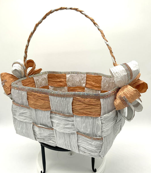 Princess Hand Woven Storage Basket Light Gray with Tan crystal rhinestone bling trim. Add a name to personalize.
