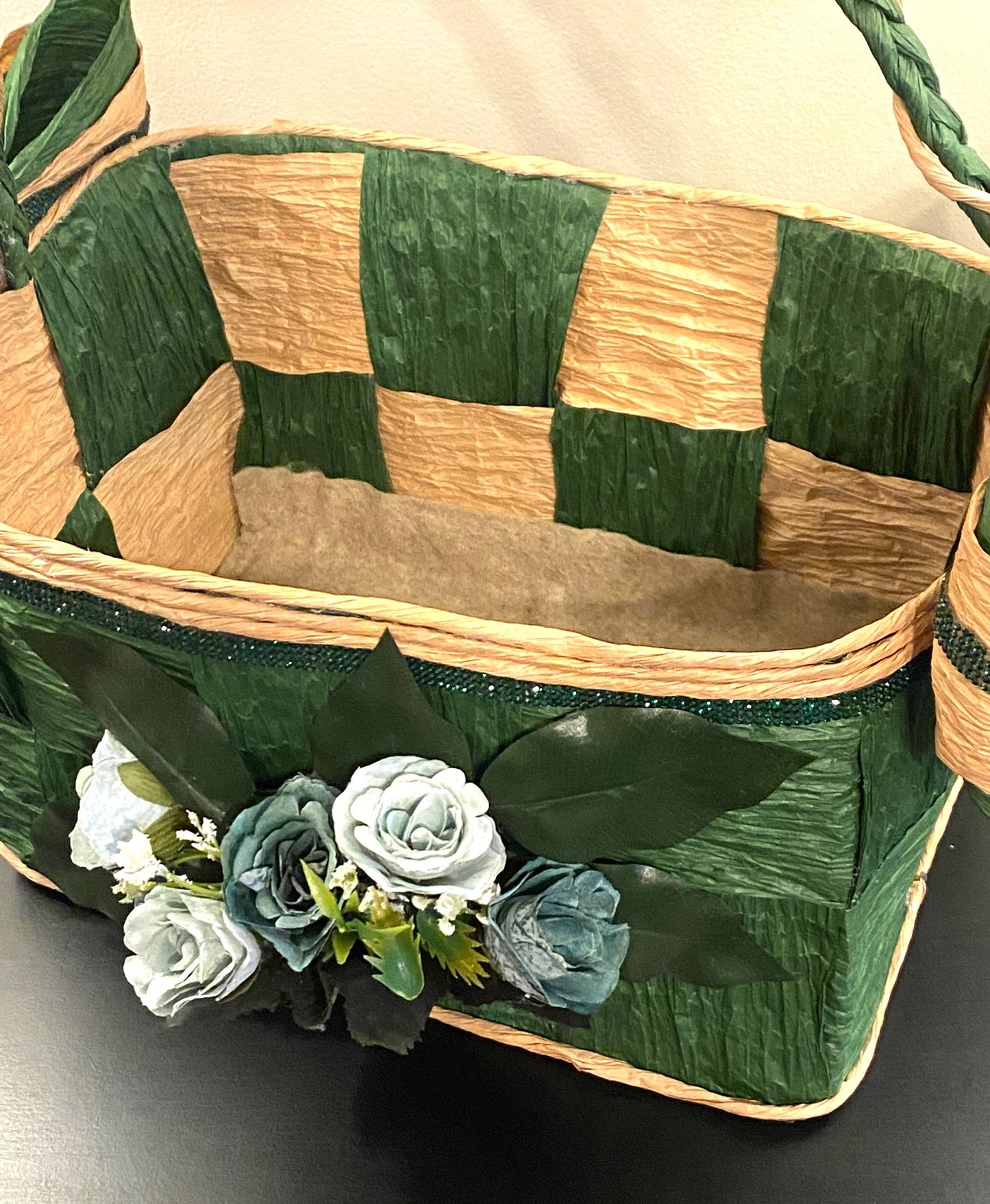 Green Hand-Woven Storage Basket - Eco-friendly (made with twisted raffia paper)