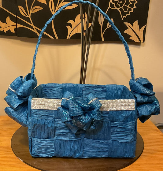 Blue Hand Woven Storage Basket with crystal rhinestone trim and bows with bling. Eco-friendly, natural element for your home.