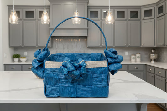 Storage Basket, Hand Woven, blue, crystal rhinestone trim, bows with bling. Eco-friendly, natural element for your home.