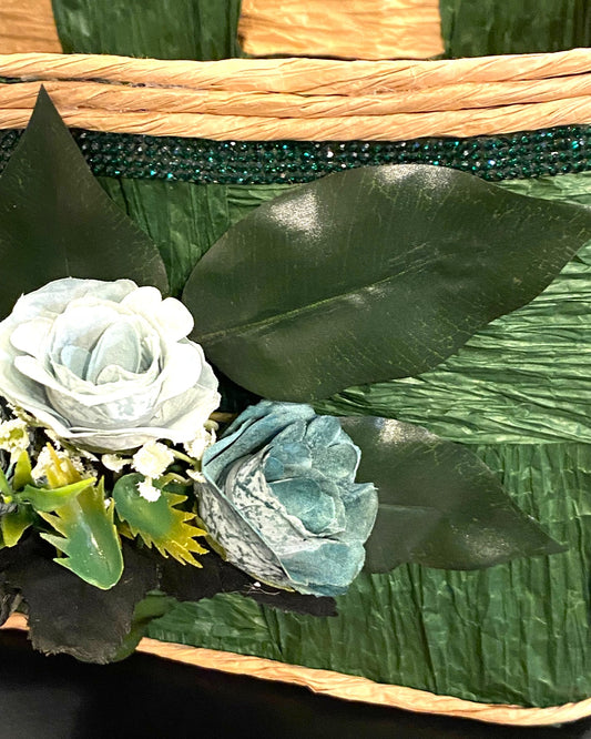 Green Storage Basket, Hand-Woven, made with raffia paper. Eco-friendly storage solution for your home..