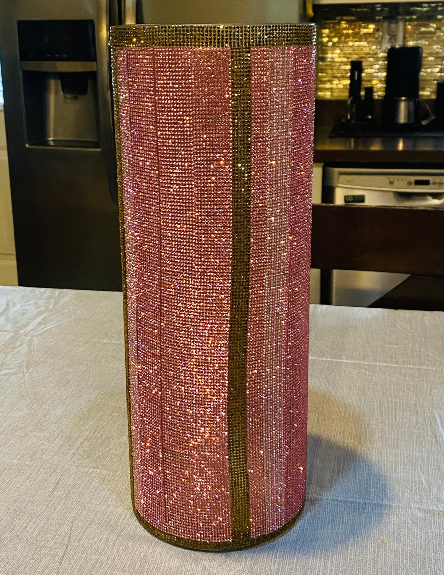 Rosy Pink V-Style Crystal Rhinestone Cylinder Vase (glass) is 15" tall. Long-stem silk floral arrangement sold separately.