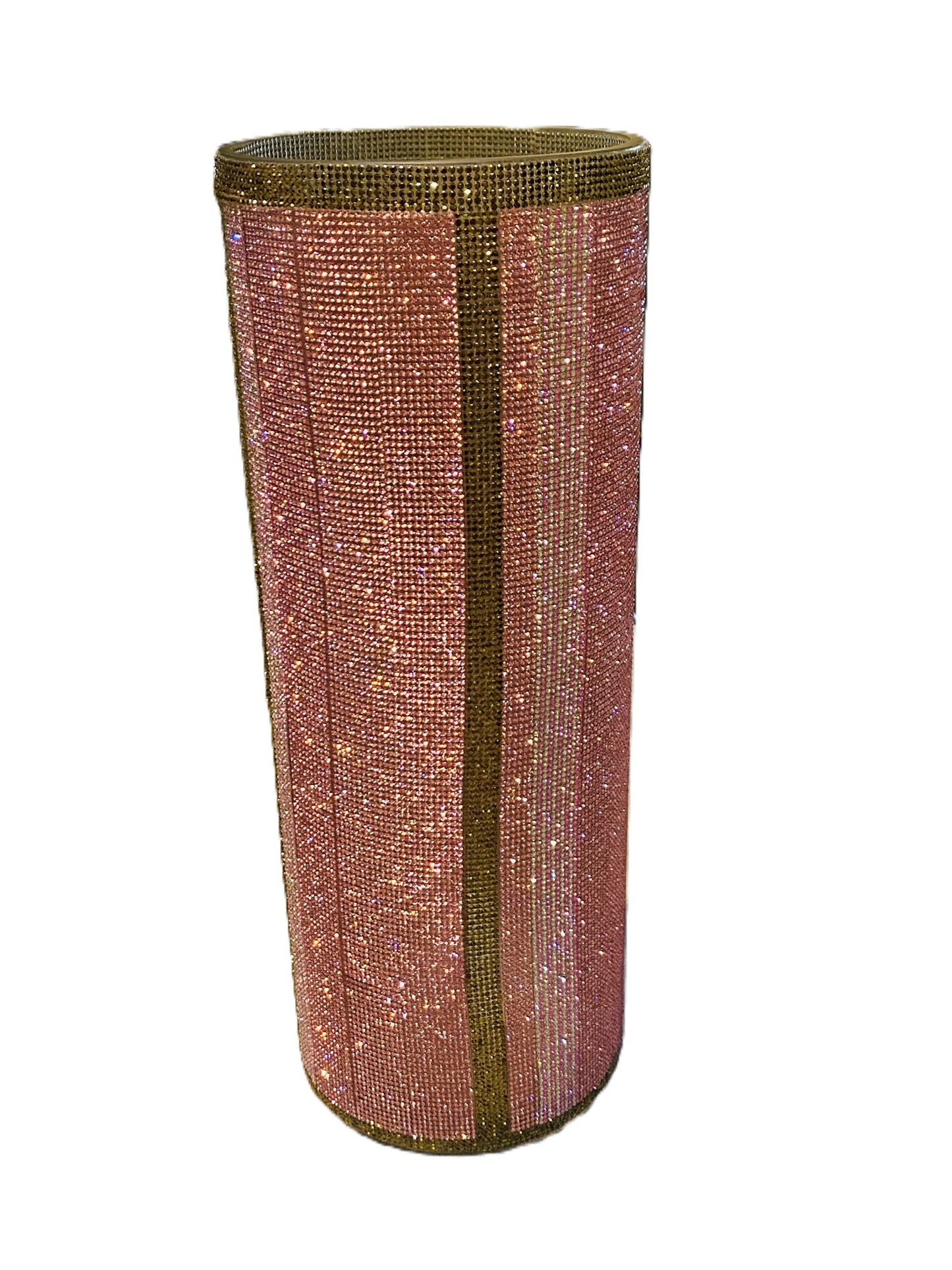 Rosy Pink V-Style Crystal Rhinestone Cylinder Vase (glass) is 15" tall. Long-stem silk floral arrangement sold separately.