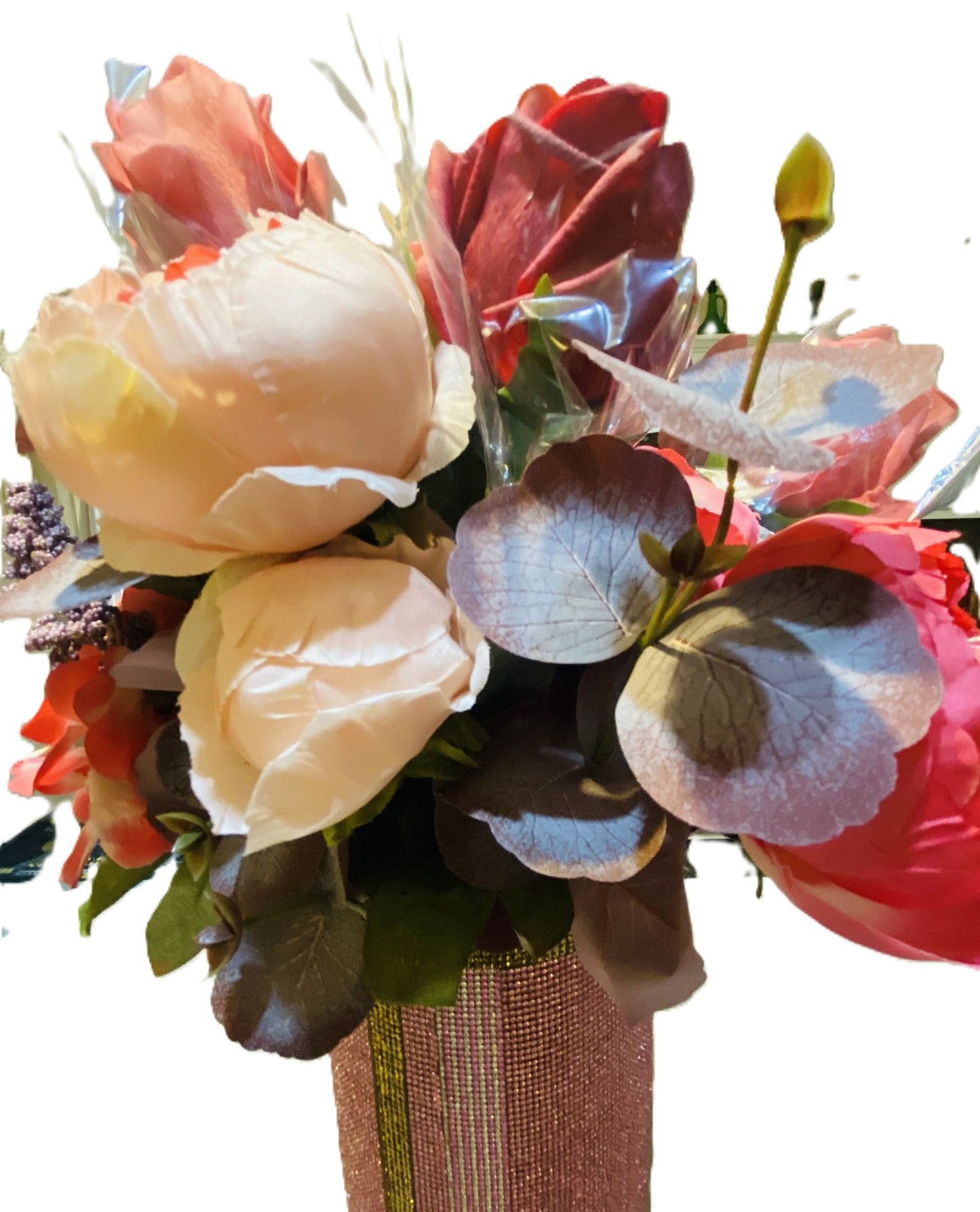 Rosy Pink V-Style Crystal Rhinestone Cylinder Vase (glass) is 15" tall. Long-stem silk floral arrangement sold separately.