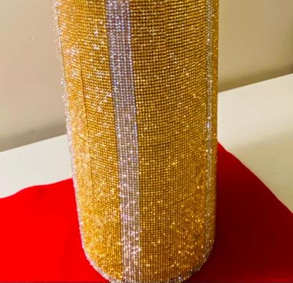 Vibrant Gold V-Style Crystal Rhinestone Cylinder Vase is 15" tall. Long-stem silk floral arrangement sold separately.