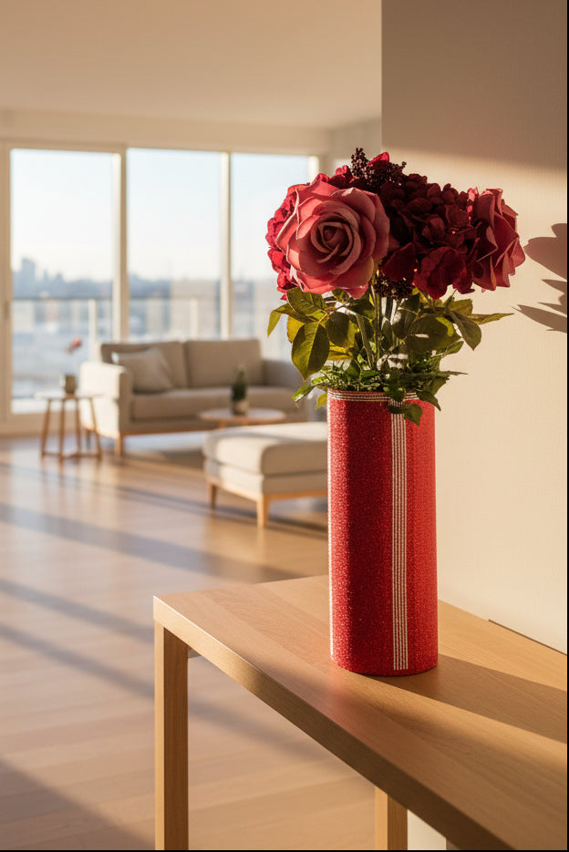 Crystal Rhinestone Vase Red Berry, V-Style (heavy glass, cylinder) is 15" tall. Long-stem silk floral arrangement sold separately.