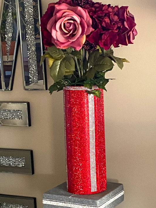 Red Berry V-Style Crystal Rhinestone Cylinder Vase (glass) is 15" tall. Long-stem silk floral arrangement sold separately.