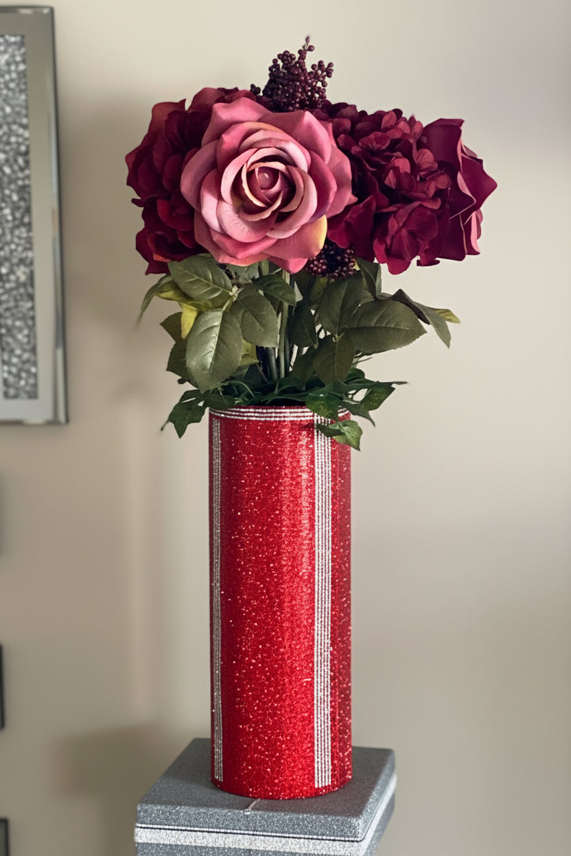 Red glittery crystal rhinestone vase with large rose hydrangea flowers home decor designed by bling-it-werks.com