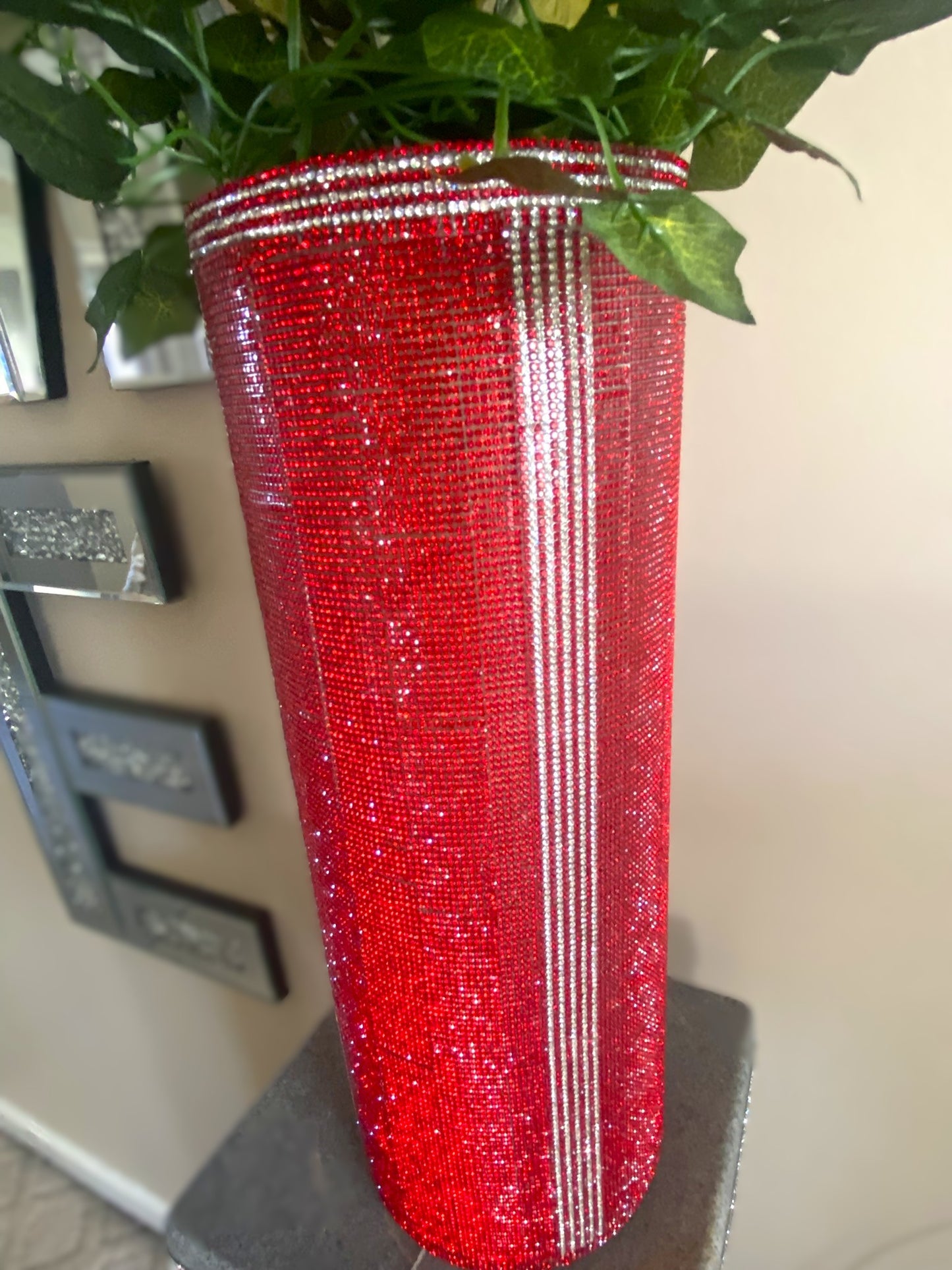 Crystal Rhinestone Vase Red Berry, V-Style (heavy glass, cylinder) is 15" tall. Long-stem silk floral arrangement sold separately.