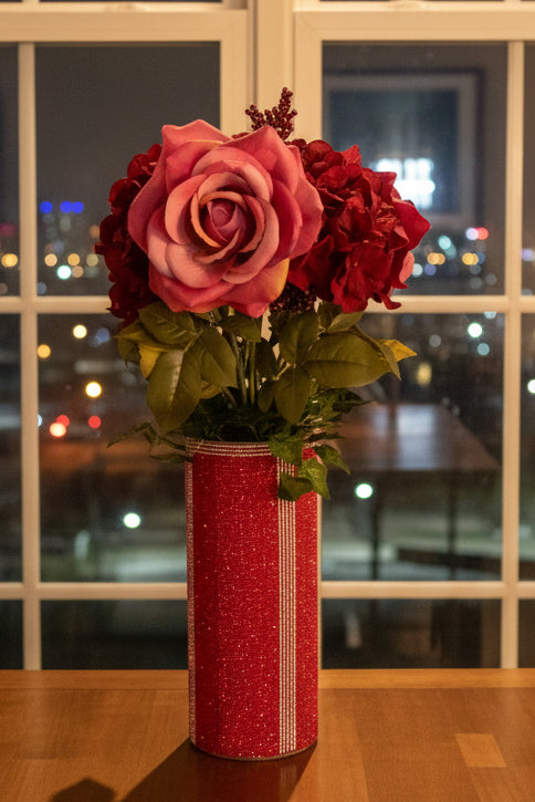 Red glittery crystal rhinestone vase with large rose hydrangea flowers home decor designed by bling-it-werks.com