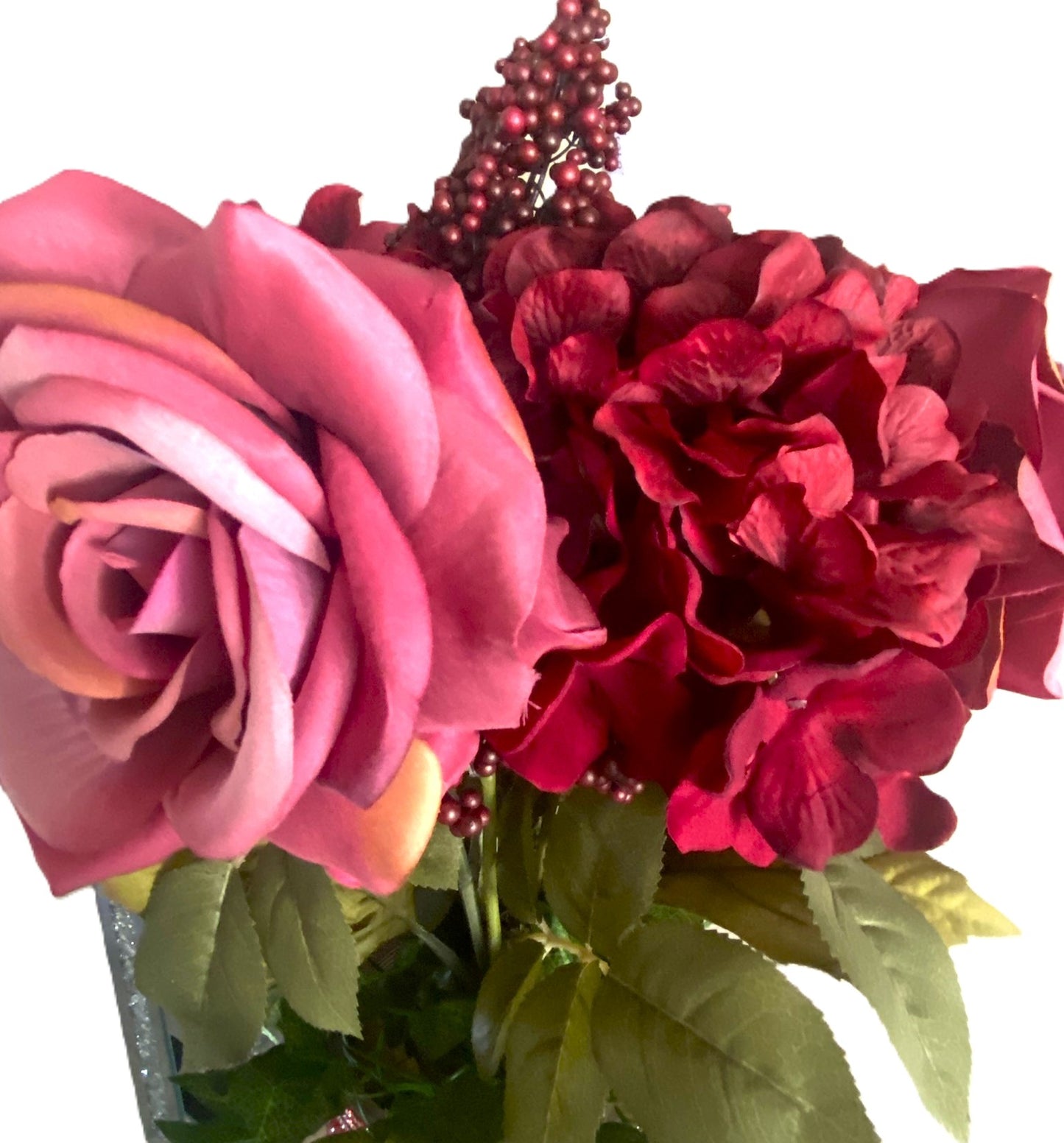 Crystal Rhinestone Vase Red Berry, V-Style (heavy glass, cylinder) is 15" tall. Long-stem silk floral arrangement sold separately.