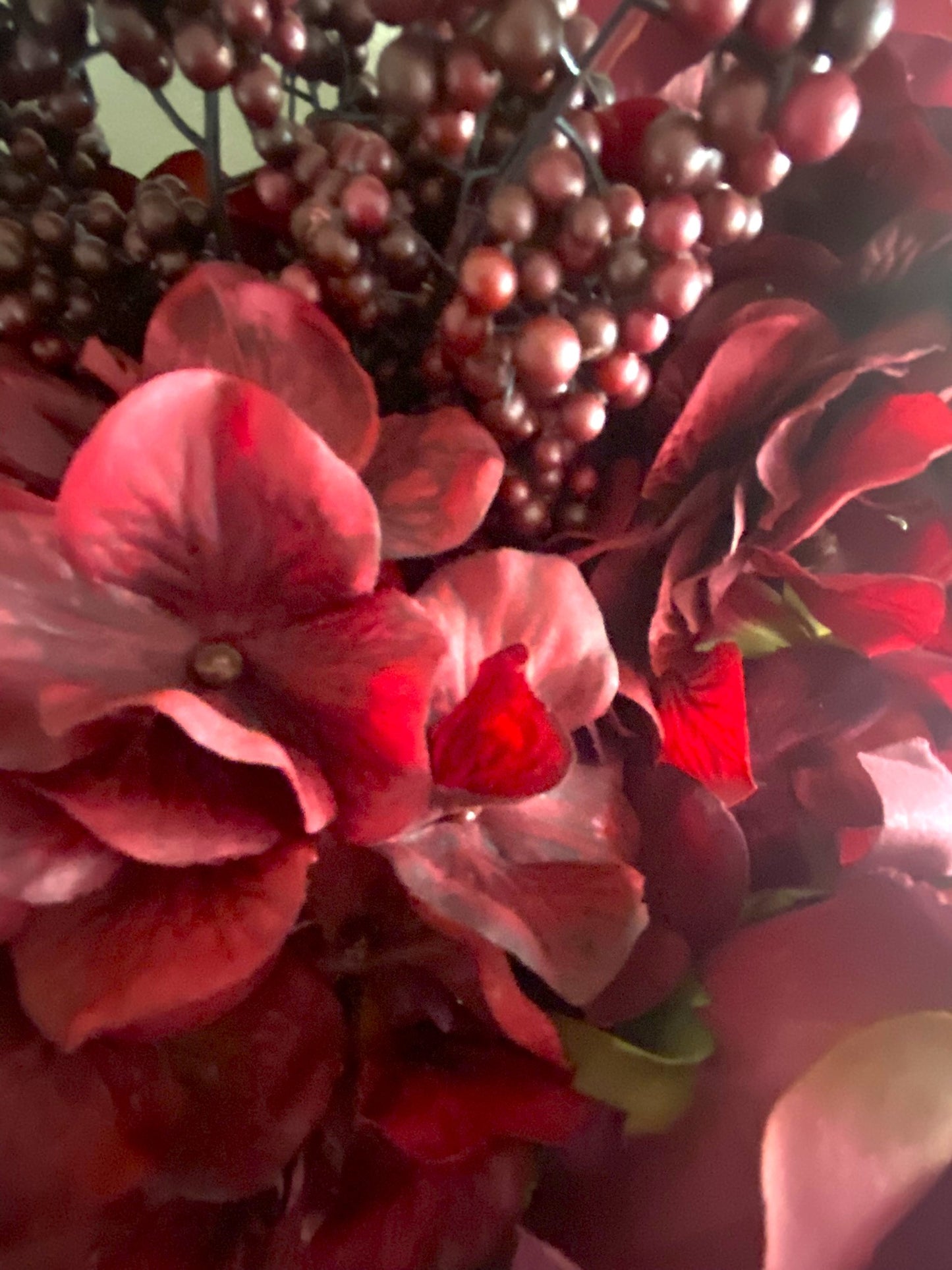 Crystal Rhinestone Vase Red Berry, V-Style (heavy glass, cylinder) is 15" tall. Long-stem silk floral arrangement sold separately.