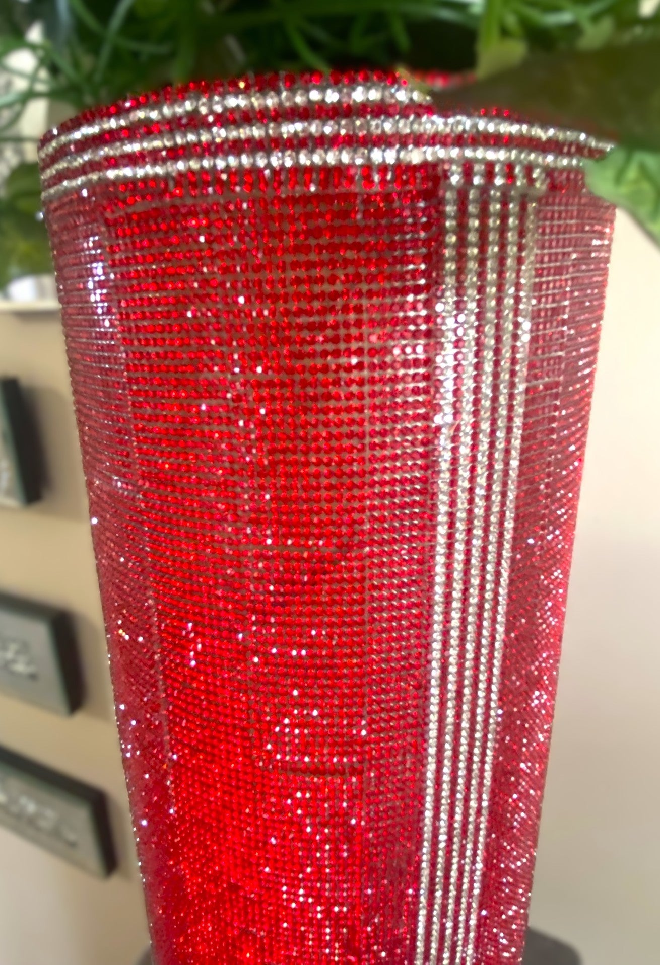 Crystal Rhinestone Vase Red Berry, V-Style (heavy glass, cylinder) is 15" tall. Long-stem silk floral arrangement sold separately.