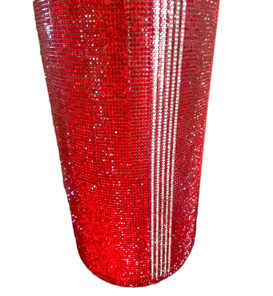 Red Berry V-Style Crystal Rhinestone Cylinder Vase (glass) is 15" tall. Long-stem silk floral arrangement sold separately.