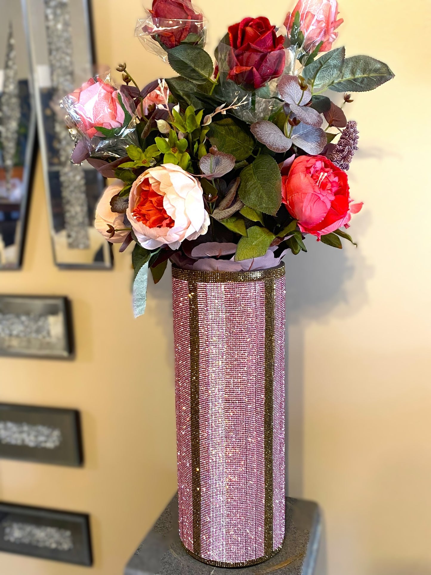 Rosy Pink V-Style Crystal Rhinestone Cylinder Vase (glass) is 15" tall. Long-stem silk floral arrangement sold separately.