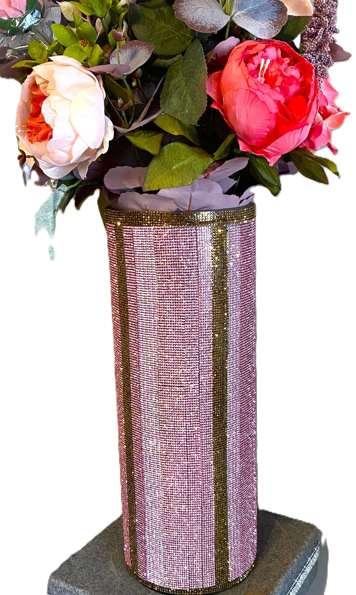 Rosy Pink V-Style Crystal Rhinestone Cylinder Vase (glass) is 15" tall. Long-stem silk floral arrangement sold separately.