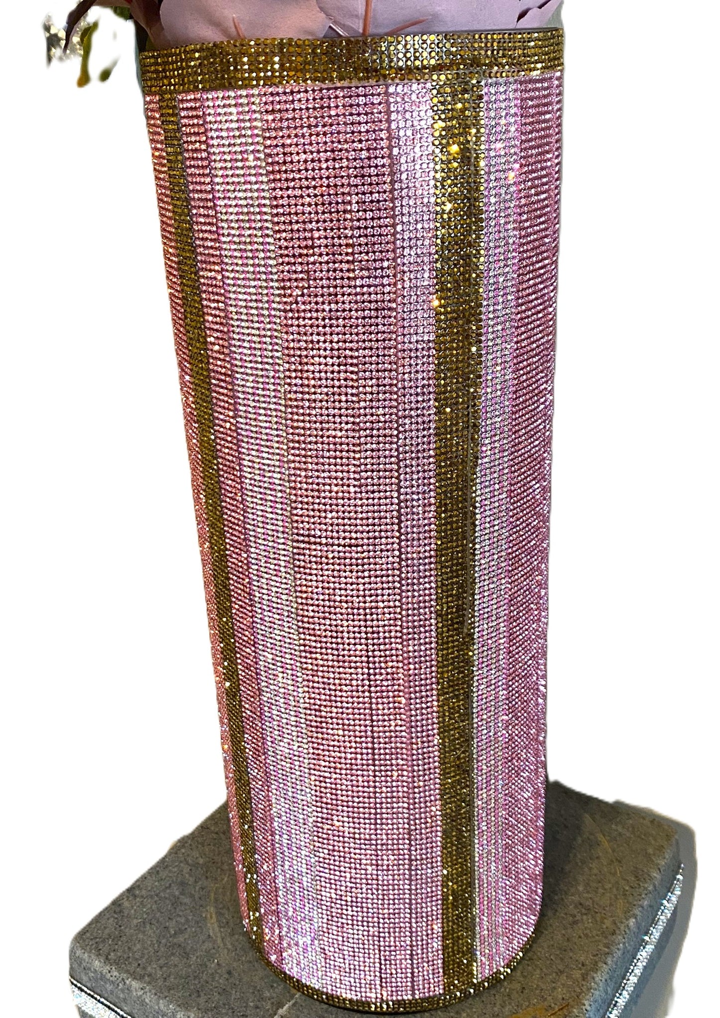 Rosy Pink V-Style Crystal Rhinestone Cylinder Vase (glass) is 15" tall. Long-stem silk floral arrangement sold separately.