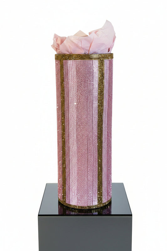 Glamorous rosy pink and gold crystal rhinestone vase a v-style 15" heavy-glass-cylinder for home decor designed by bling-it-werks.com