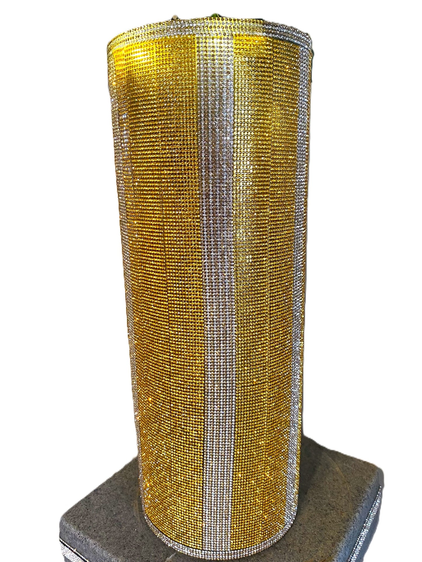 Vibrant Gold V-Style Crystal Rhinestone Cylinder Vase is 15" tall. Long-stem silk floral arrangement sold separately.