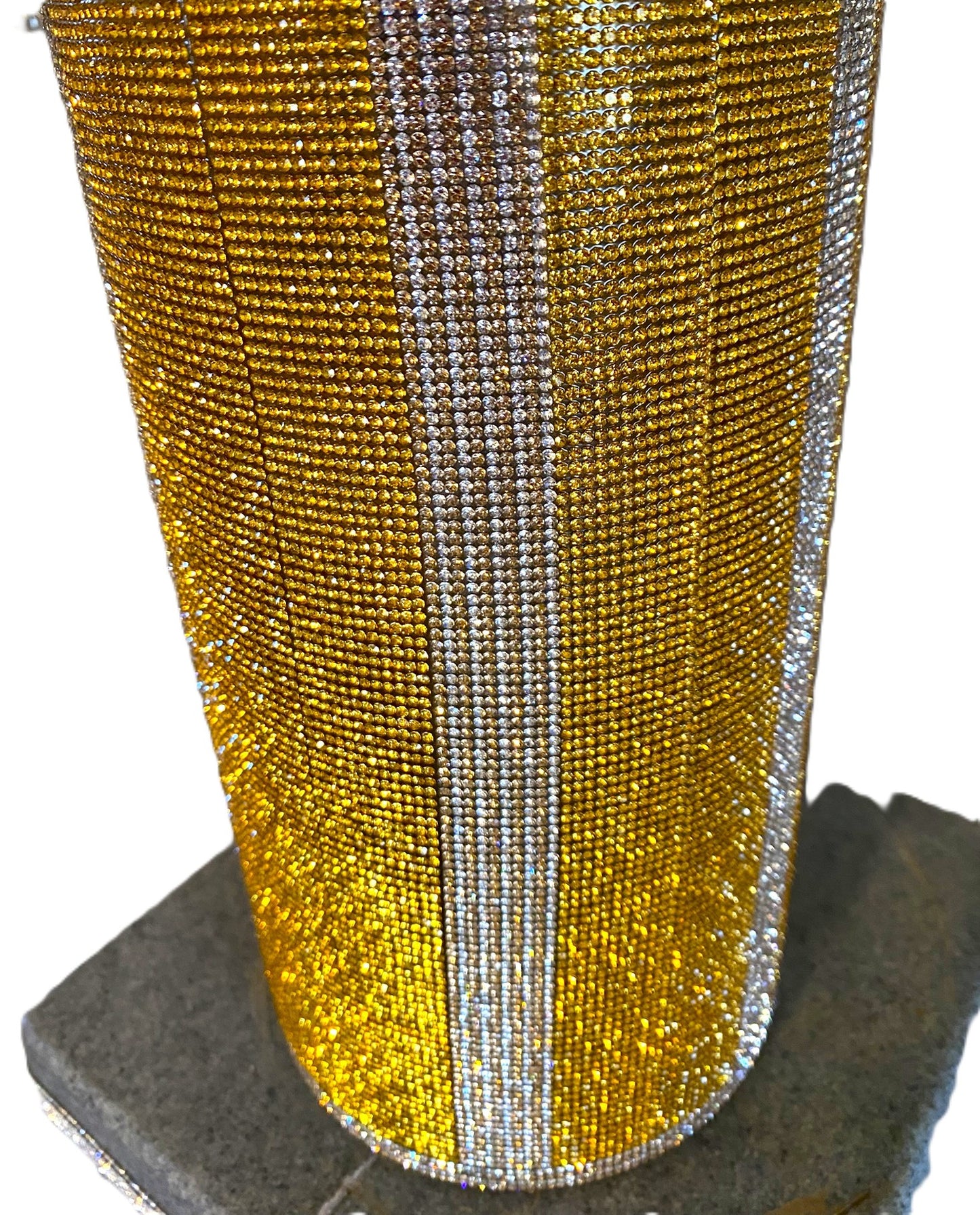 Vibrant Gold V-Style Crystal Rhinestone Cylinder Vase is 15" tall. Long-stem silk floral arrangement sold separately.