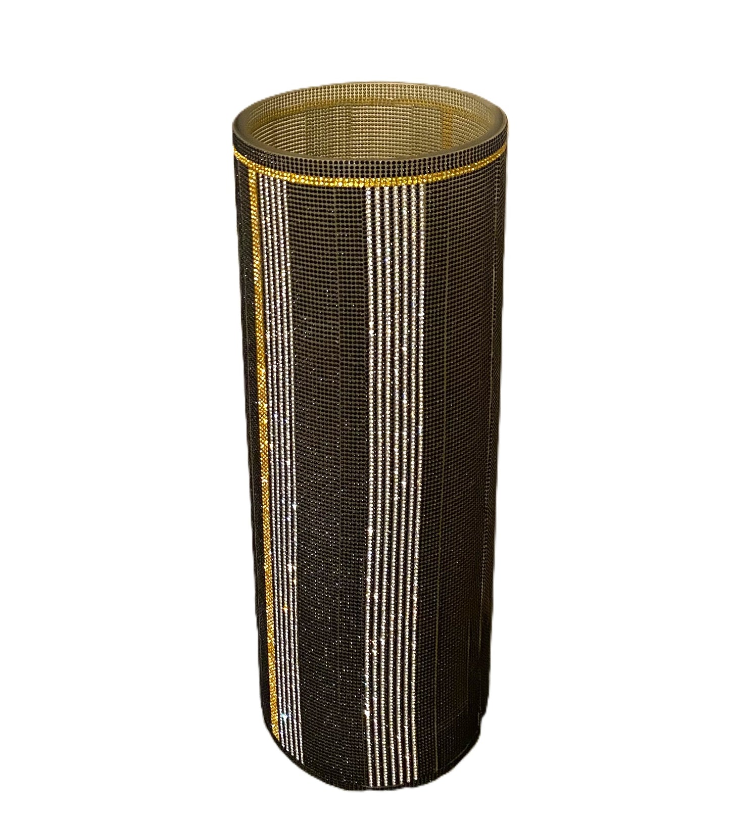 Crystal Rhinestone Cylinder Vase (glass) is 15" tall, Black, Silver & Gold V-Style. Long-stem silk floral arrangement sold separately.