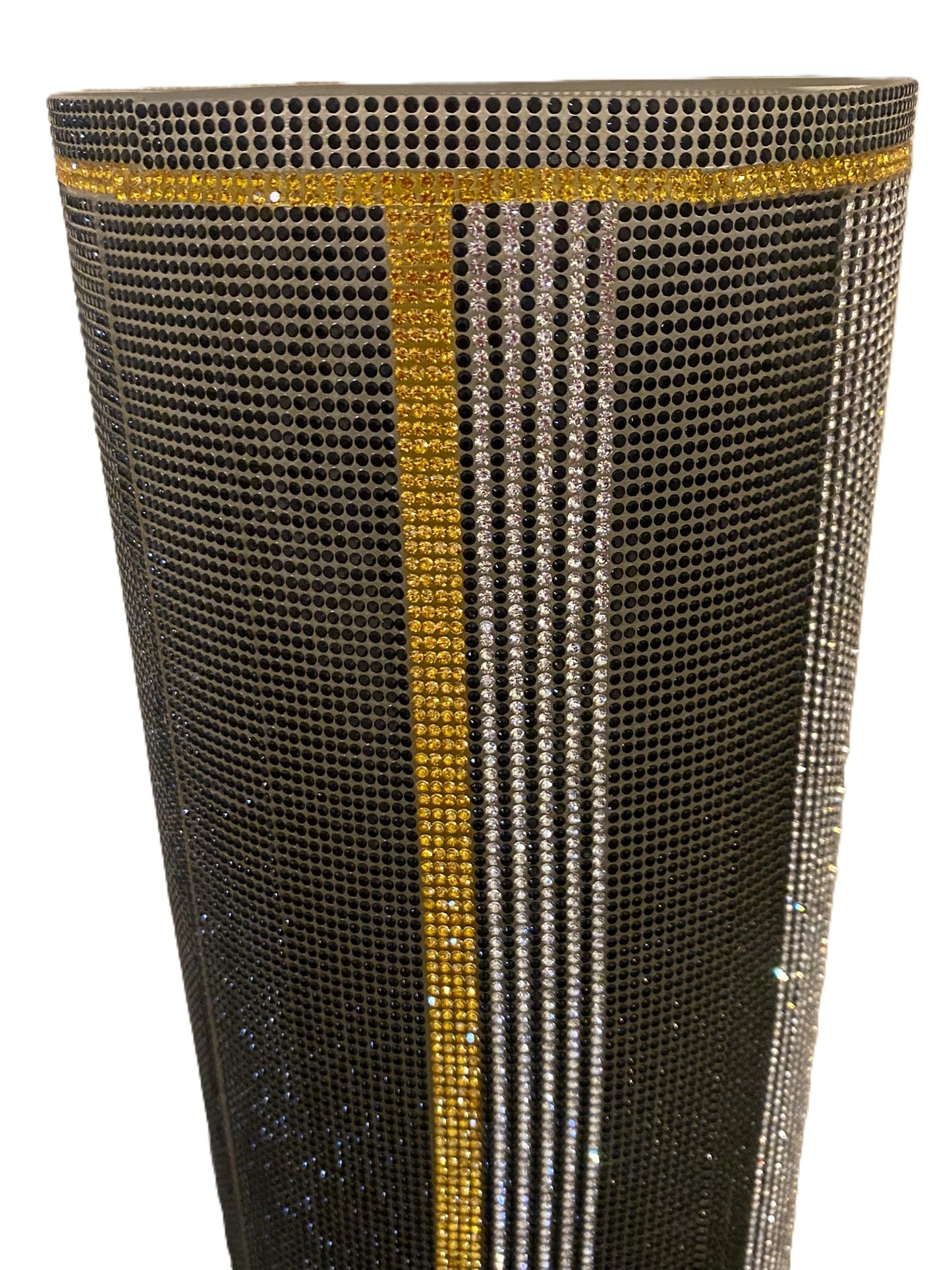 Crystal Rhinestone Cylinder Vase (glass) is 15" tall, Black, Silver & Gold V-Style. Long-stem silk floral arrangement sold separately.