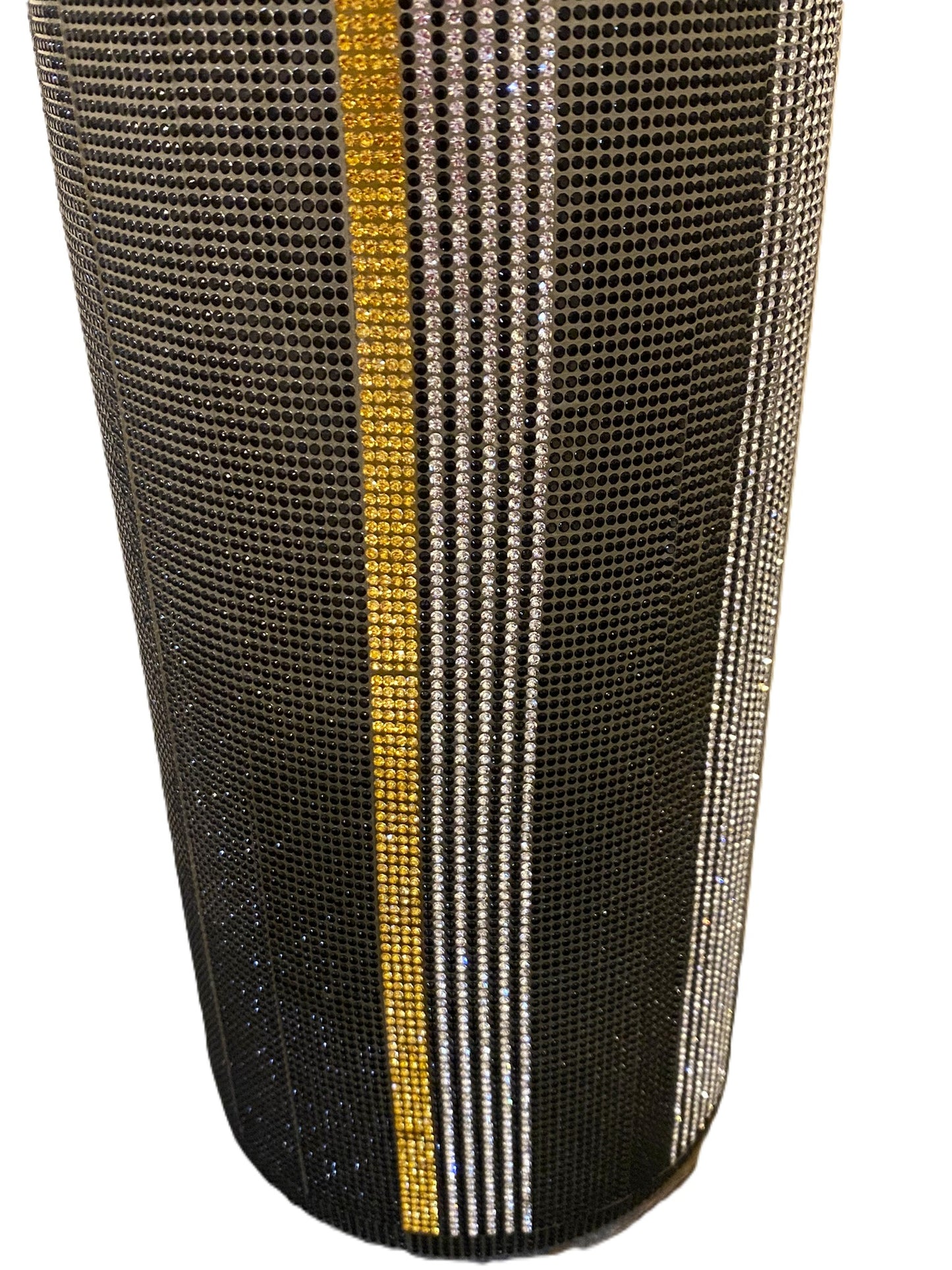 Crystal Rhinestone Cylinder Vase (glass) is 15" tall, Black, Silver & Gold V-Style. Long-stem silk floral arrangement sold separately.