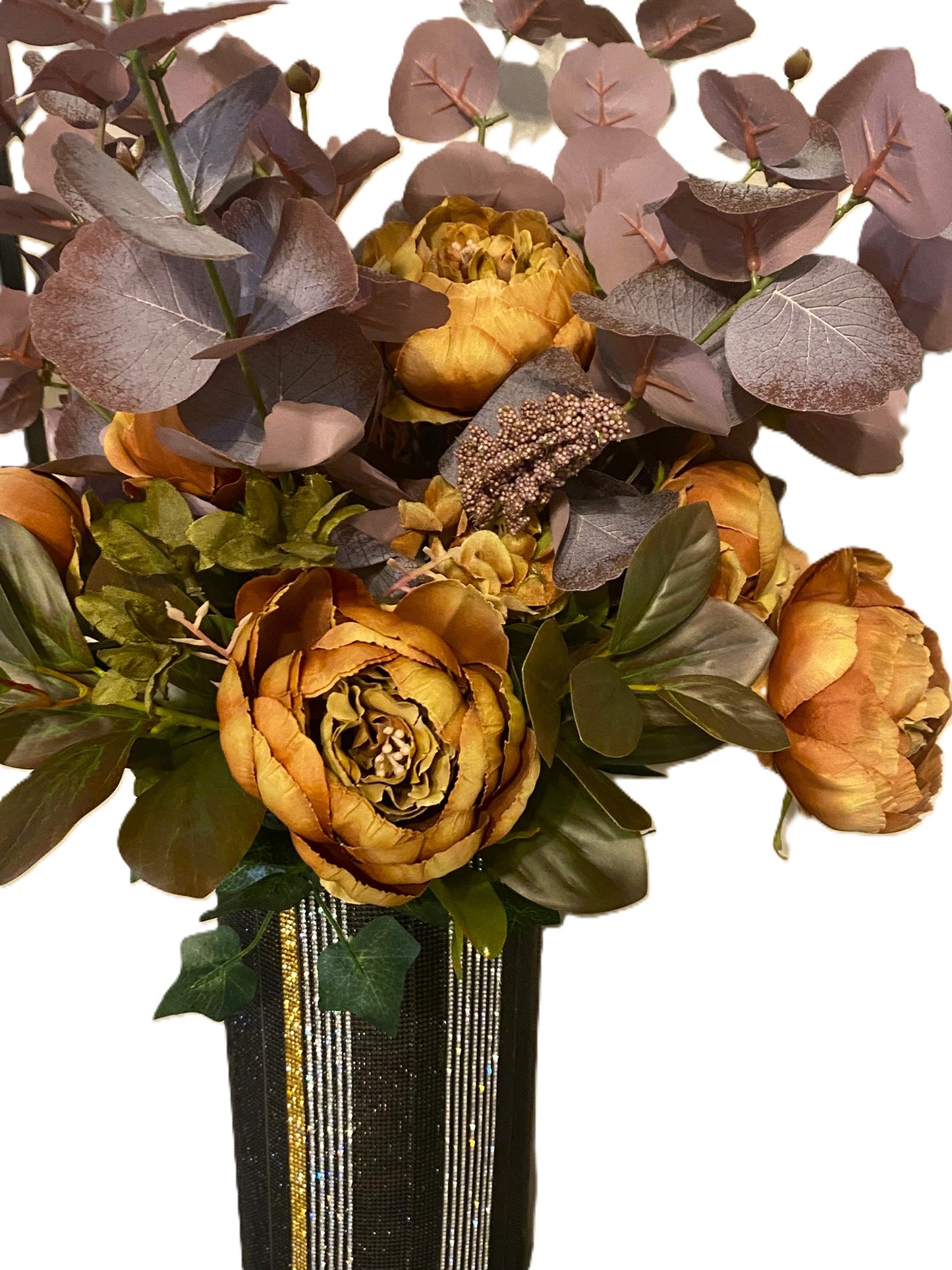 Crystal Rhinestone Cylinder Vase (glass) is 15" tall, Black, Silver & Gold V-Style. Long-stem silk floral arrangement sold separately.