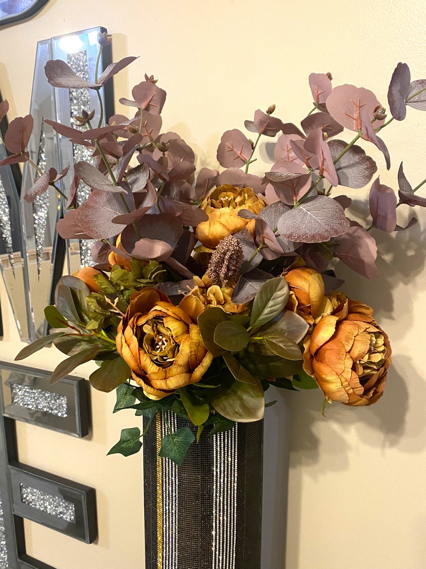 Crystal Rhinestone Cylinder Vase (glass) is 15" tall, Black, Silver & Gold V-Style. Long-stem silk floral arrangement sold separately.