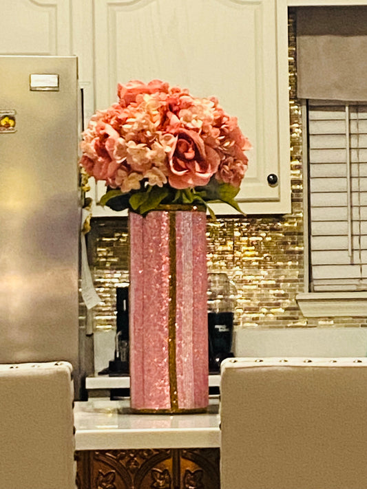 Rosy Pink V-Style Crystal Rhinestone Cylinder Vase (glass) is 15" tall. Long-stem silk floral arrangement sold separately.